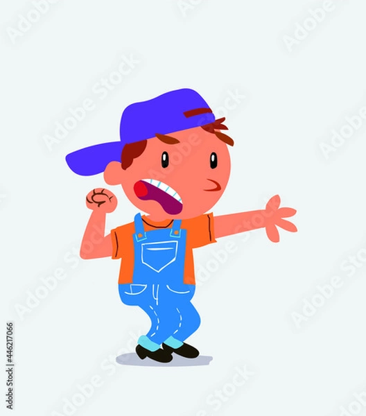 Fototapeta Very angry cartoon character of little boy on jeans pointing at something