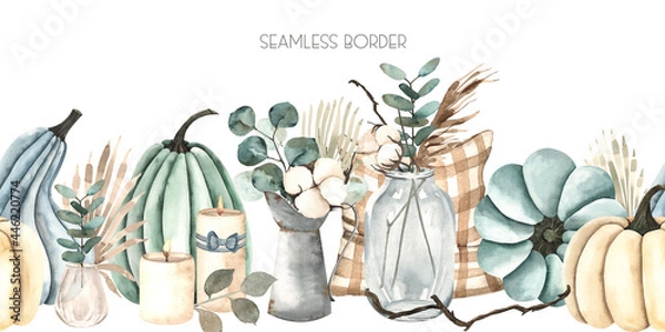 Obraz Watercolor autumn seamless border with colored pumpkins, leaves, branches, berries, cozy autumn elements.