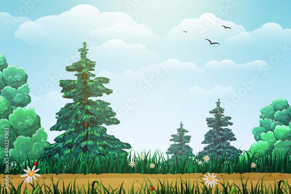 Fototapeta forest path background with trees, firs, flowers. forest game background, beautiful trail in the morning. vector cartoon illustration. summer day landscape, tranquil woodland scene. nature banner.