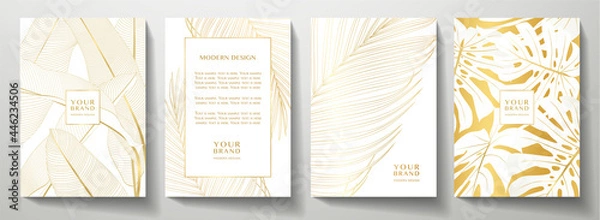 Fototapeta Tropical gold cover design set. Floral background with golden line pattern of exotic leaf (palm, banana tree). Elegant vector collection for wedding invite, brochure template, restaurant menu