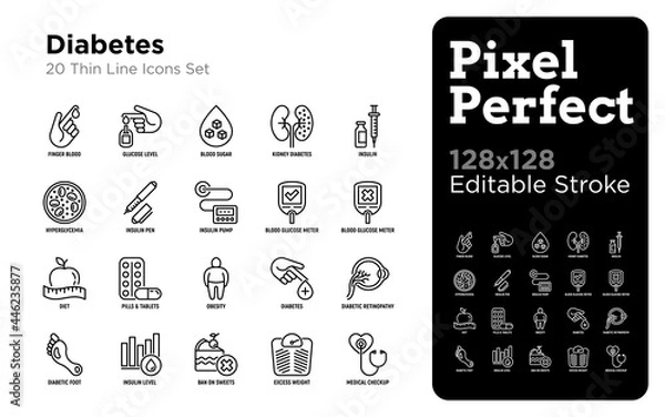 Obraz Diabetes thin line icons set: blood test, glucometer, glucose level, insulin pen, hyperglycemia, insulin pump, diabetic retinopathy, medical checkup Pixel perfect, editable stroke. Vector illustration