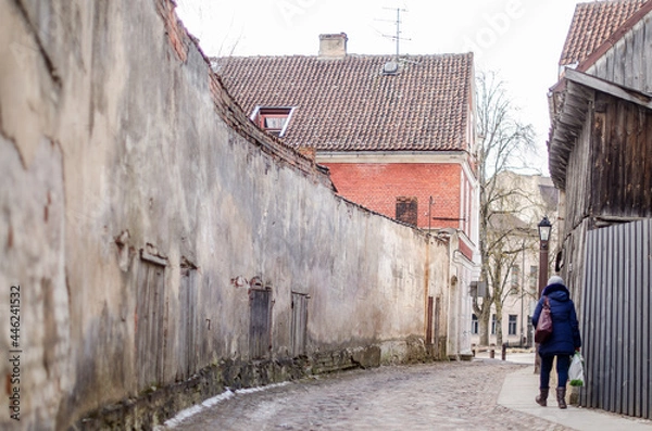 Obraz Long concrete wall in Kuldiga old town, Latvia.