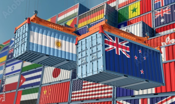 Fototapeta Freight containers with Argentina and New Zealand flag. 3D Rendering 