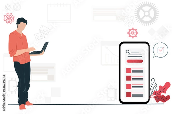 Fototapeta A man with a laptop and a telephone. Flat illustration in red and gray colors. Correspondence manager. There is room for text in the middle
