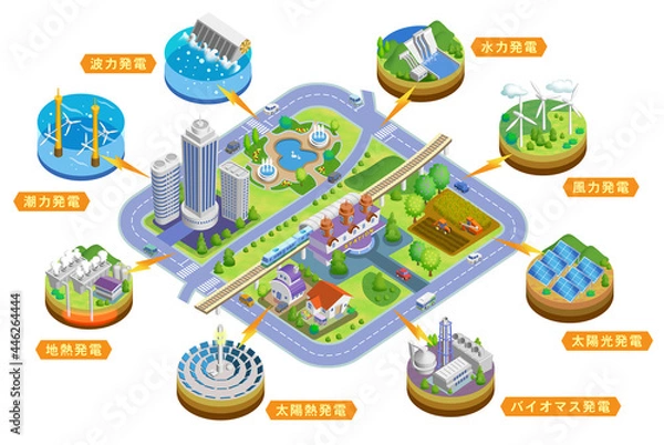 Fototapeta 地球温暖化を抑えるクリーンな再生可能エネルギーのイラスト　バリエーションあり