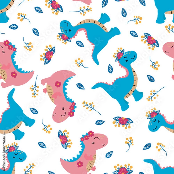 Fototapeta Dinosaur seamless pattern. Pink dinosaur and blue dinosaur. Vector isolated on white background. Dinosaur cute character