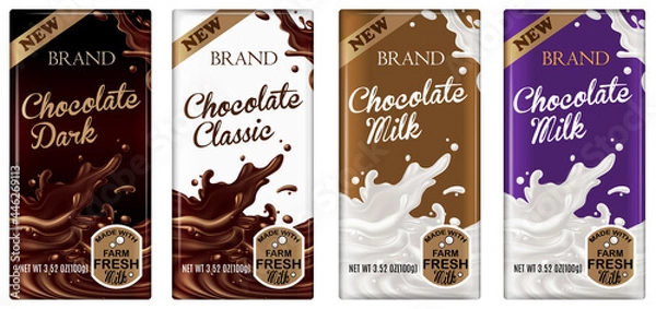 Obraz Packaging design chocolate bars. Packing collection for dark, classic and milk chocolate. Highly realistic illustration.