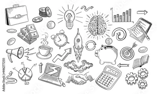 Obraz Business idea sketch collection. Black doodles in sketchy vintage style on white background. Vector illustration.