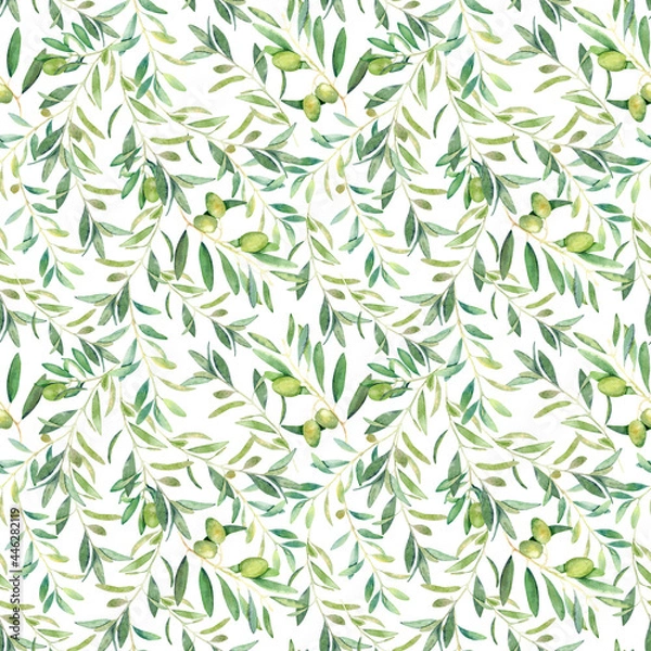 Fototapeta Watercolor seamless botanical pattern with olive brancges on white background.
