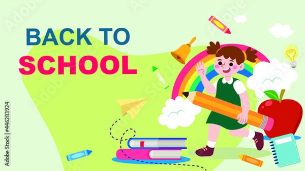 Fototapeta Back to school or school time banner template. Young children characters with books. Composition with notebook