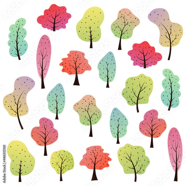 Fototapeta Large collection of deciduous cartoon trees. Fairytale forest with plants of different shapes and colors. Trend gradients. Hand draw and doodle style. Baby illustration for design of greeting cards