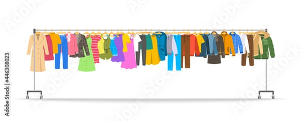 Obraz Men and women clothes on long rolling hanger rack. Many different garments hanging on store hanger stand with wheels. Flat cartoon vector illustration. Graphic element for sale banner