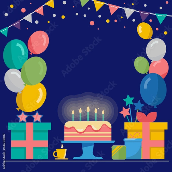 Fototapeta Happy birthday background with a cake, balloons and gifts. Dark blue background. Vector illustration.