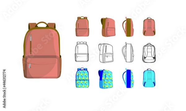 Fototapeta Set of School Bags with Four Sides. School bags with front, back, side view. Set of School Bags in outlines