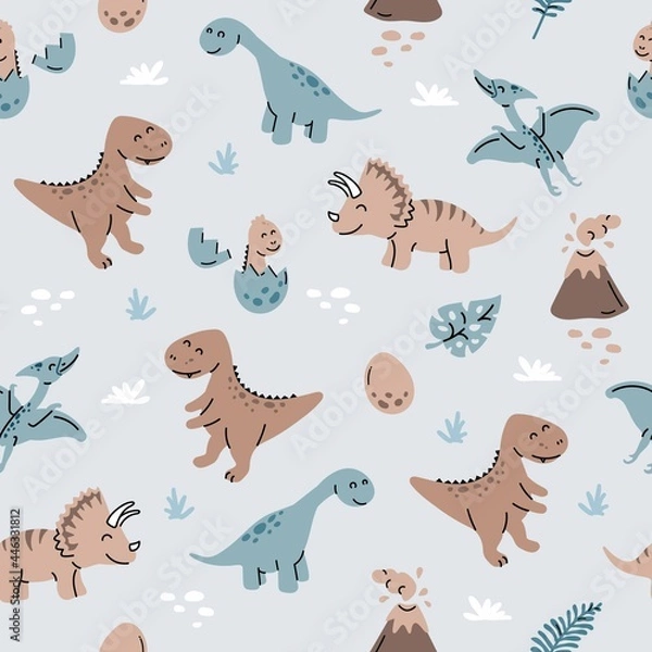 Fototapeta Dinosaurs seamless pattern in cartoon scandinavian style. Children's pattern with dinos, eggs, volcanoes, plants for fashion clothes, shirt, fabric. Kids blue dino pattern for boys.