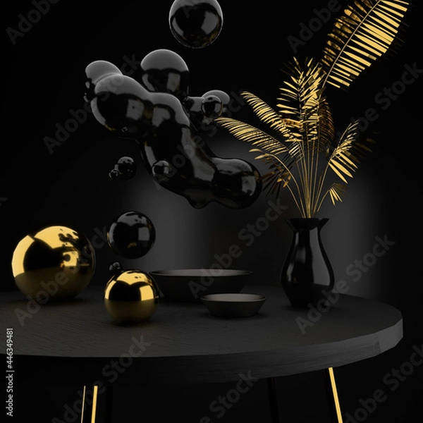 Obraz 3D render. Black and gold stylish composition