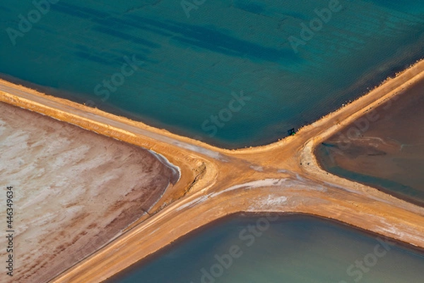 Obraz Aerial photography, Useless Loop, Shark Bay, Western Australia, June 2021, abstract images of salt ponds from above in varying colors of blue, green, and brown hues.