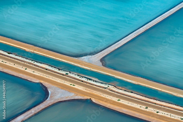 Obraz Aerial photography, Useless Loop, Shark Bay, Western Australia, June 2021, abstract images of salt ponds from above in varying colors of blue, green, and brown hues.