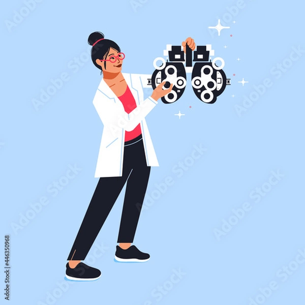 Fototapeta optometrist adjusting a phoropter for eye test . eye doctor with vision exam tool in optometry clinic 