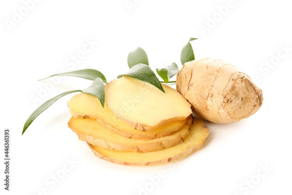 Obraz Fresh ginger with slices on white background