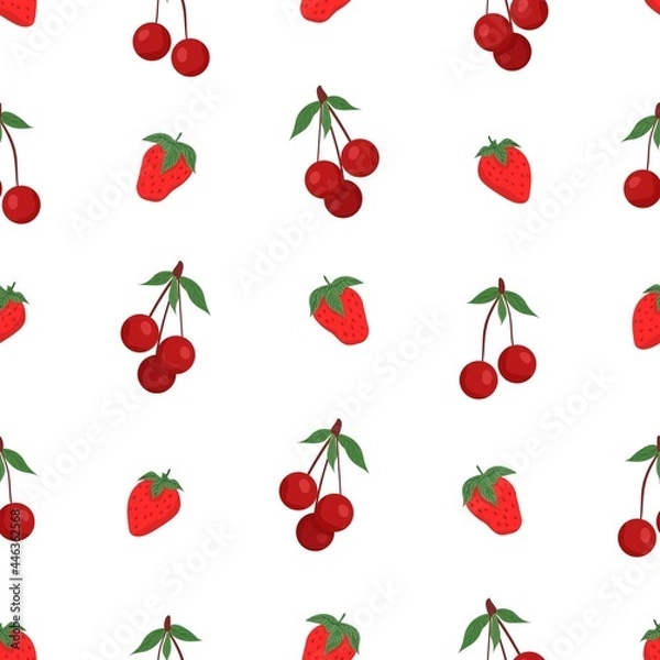 Fototapeta Cute cartoon strawberries and cherries. Seamless pattern for design of fabric, clothing, wallpaper, paper. Seamless isolated background.