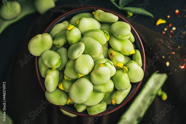 Obraz Broad bean. Fresh broad beans with spices. Green beans.