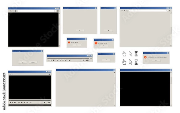 Fototapeta Web internet browser, system dialog box, error pop-up window and multi media player stylized as retro user interface.