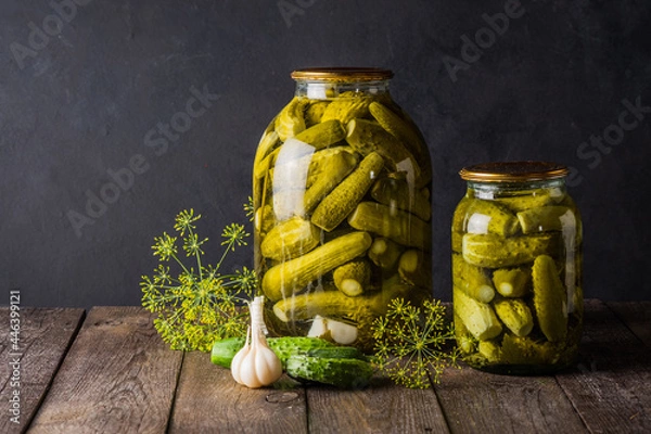 Fototapeta Pickled cucumbers in the jar. Ingredients for pickling cucumbers. Cucumbers, dill, garlic. Glass jars with pickles