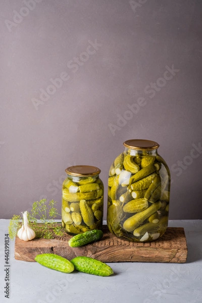 Fototapeta Pickled cucumbers in the jar. Ingredients for pickling cucumbers. Cucumbers, dill, garlic. Glass jars with pickles