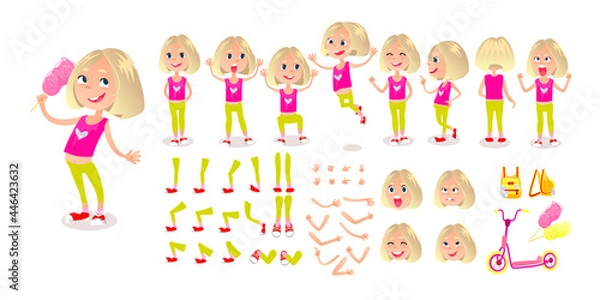 Fototapeta Animated cartoon character. Young girl character constructor set face emotions, lip sync, poses and emotions for animation or illustration. Cartoon girl creation mascot kit