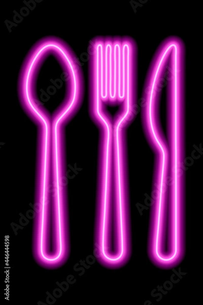 Obraz Neon pink shapes of spoon, fork and table khife on a black background. Set of cutlery
