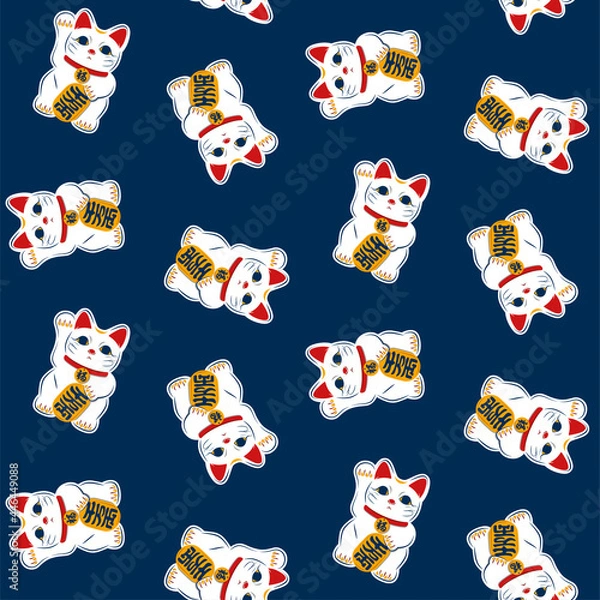 Obraz イラスト素材 小判を持つ招き猫のシームレスパターン