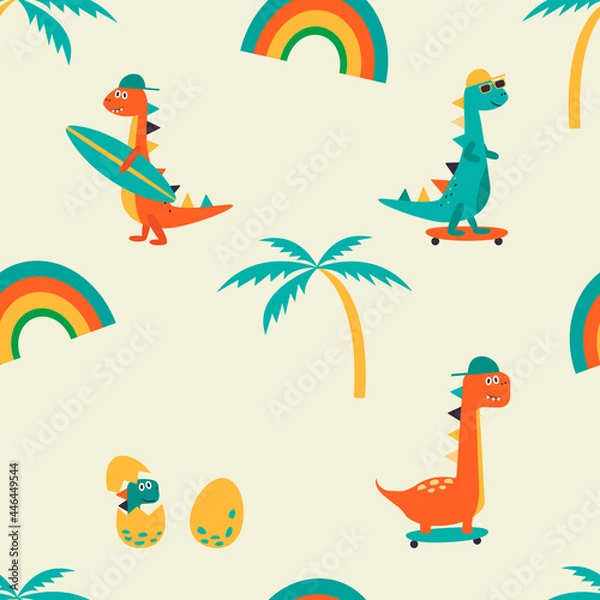 Fototapeta Seamless pattern with dinosaurs.  dinosaurs with skateboard and surf . Seamless pattern of cute colorful dinosaurs with sunglasses and baseball cap. Rainbow and palm tree. 