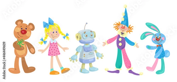 Fototapeta Kids toys. A funny clown, beautiful doll, teddy bear, cute rabbit and sad robot. In cartoon style. Isolated on white background. Vector illustration
