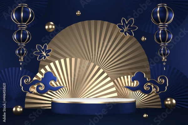 Fototapeta The granite hexagon gold design on dark blue background minimal. 3D rendering