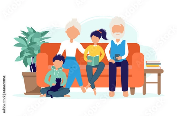 Fototapeta Grandparents with grandchildren on the couch. An elderly woman and a man with children and a cat spend time together. A happy family. Vector illustration in flat style