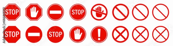 Fototapeta Stop red sign icon - vector set. STOP sign with white hand. Warning stop signs isolated. Traffic signs collection. Vector illustration