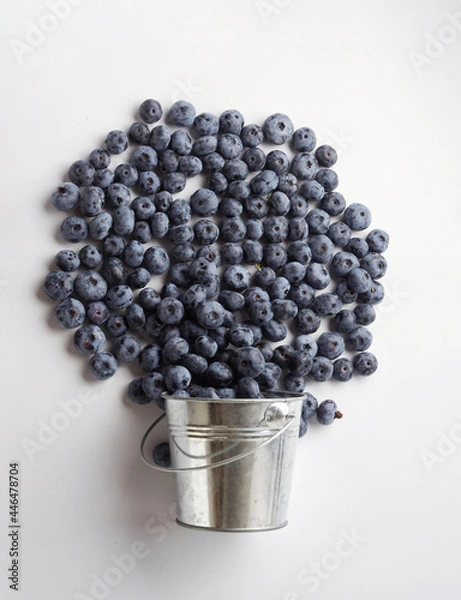 Fototapeta Blueberry fruit top view isolated on a white background, flat lay overhead layout with mint leaf, healthy design concept.
