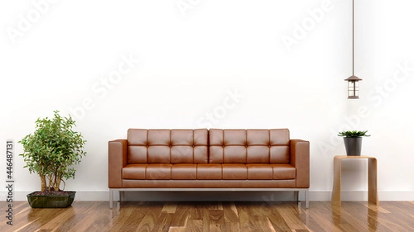 Fototapeta Modern living room interior with Leather sofa and empty white wall as a background.	