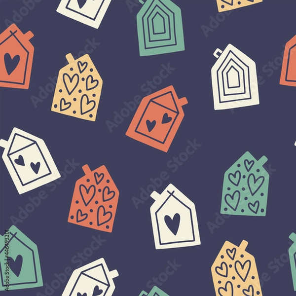Fototapeta Trendy seamless pattern with original cute cartoon houses in a modern retro style. Vector illustration isolated on dark background. Perfect for fabric print, invitation, design
