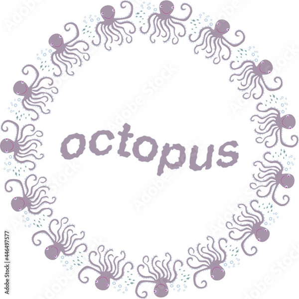 Fototapeta Decorative vector round border of cartoon funny octopuses