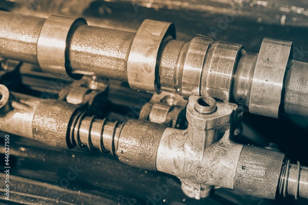 Fototapeta Black and White Overhead Camshaft and Rocker Arm and Spring of Car Engine