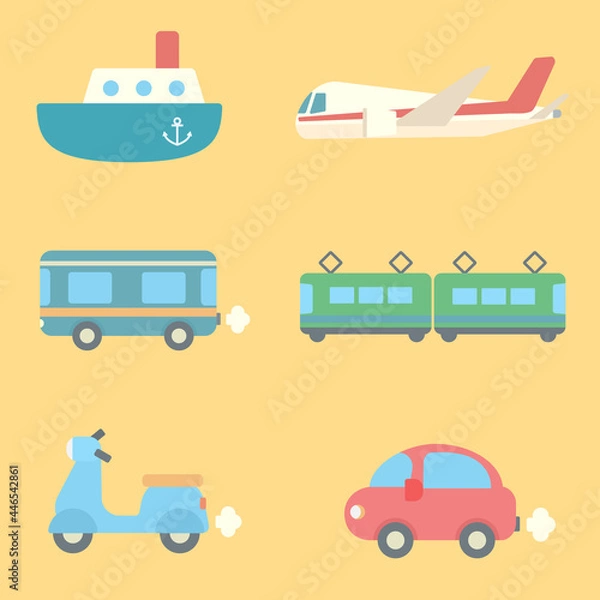 Obraz シンプルでかわいい乗り物のイラストセット フラットデザイン