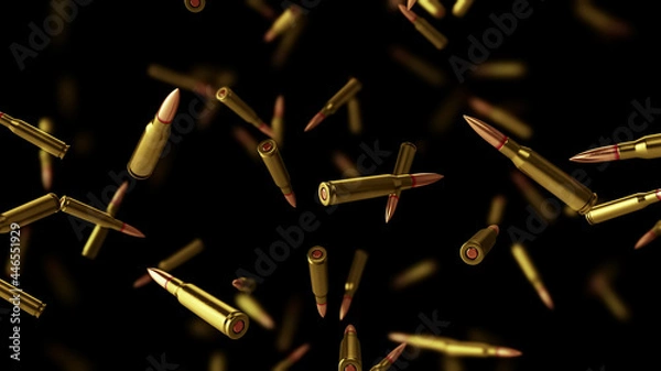 Obraz Falling bullets on a black background with depth of field.