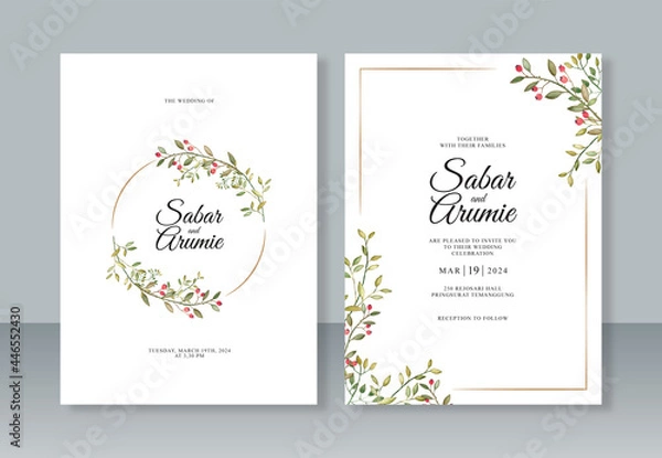 Fototapeta Wedding invitation template with watercolor leaves