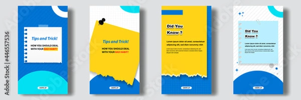 Fototapeta Social media tutorial, tips, trick, did you know post feed stories banner layout template with sticky note design element and abstract seamless line pattern background.