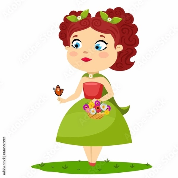 Fototapeta Spring girl with a basket of flowers.