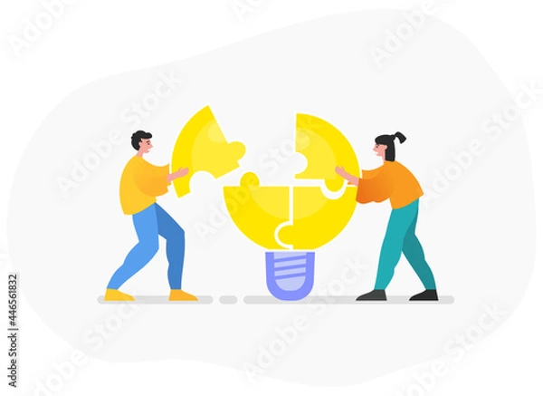 Obraz Brainstorming in group, teamwork, generate ideas together. Two people combine idea puzzle. Modern vector illustration
