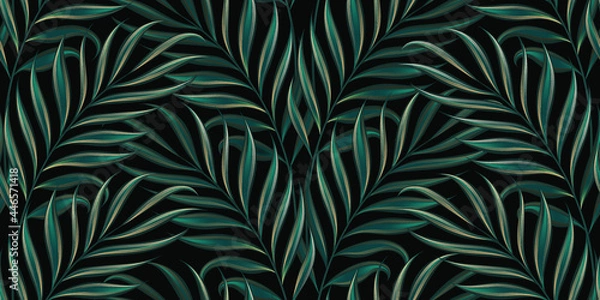 Fototapeta Tropical exotic seamless pattern with bright green golden textured palm leaves on dark black background. Hand-drawn premium vintage 3d vector illustration. Good for luxury wallpapers, fabric printing