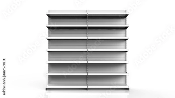 Obraz Set of white empty store shelves. Retail double shelf rack. Showcase display. Mockup template ready for your design. 3D rendering illustration. Isolated on white background. Gondola style.
